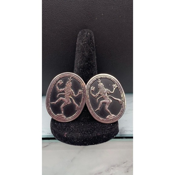Vintage Swank Siam Thailand Dancer Cufflinks Silver Tone Black Enamel - Picture 3 of 4